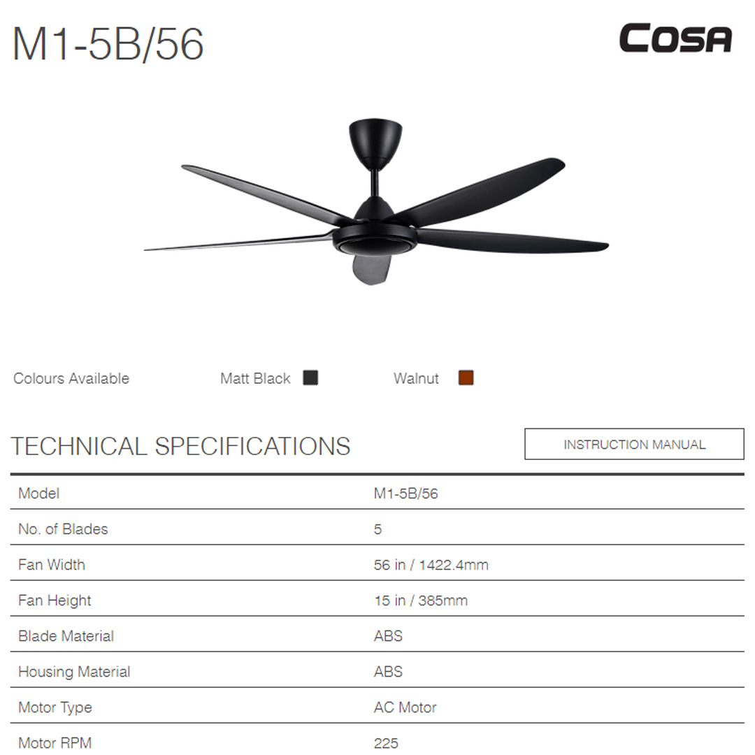 ALPHA 56" COSA 5 Blades Ceiling Fan M1-5B/56  | 6 Speed Available | AC Motor | ABS Blade | 5 Blades | Ceiling Fan with 1 Year Warranty