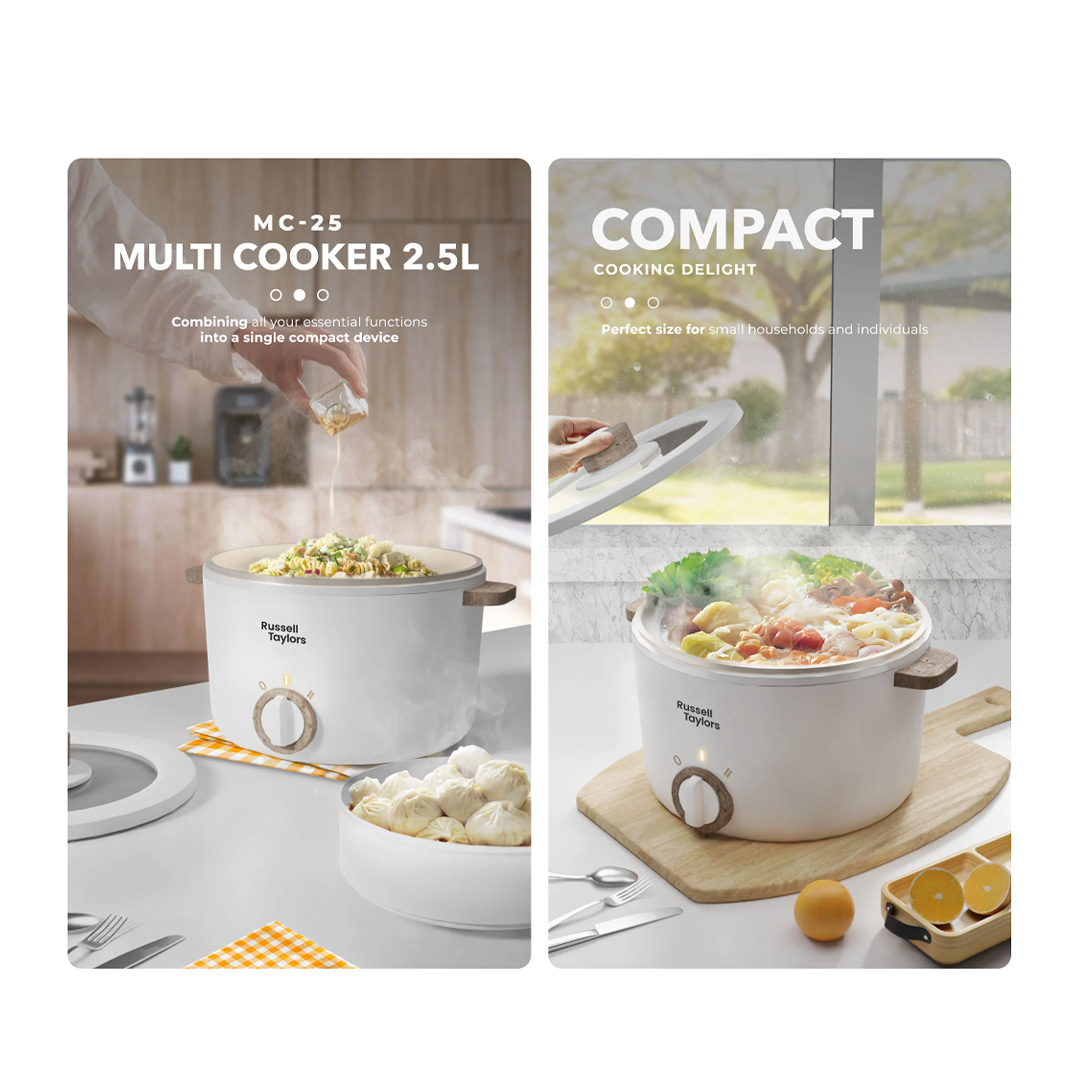Russell Taylors 2.5L Multi Cooker with Steamer MC25 | 700W Power | All-In-One Multi Cooker | 2 Level Temperature Control | Cooker with 2 Year Warranty