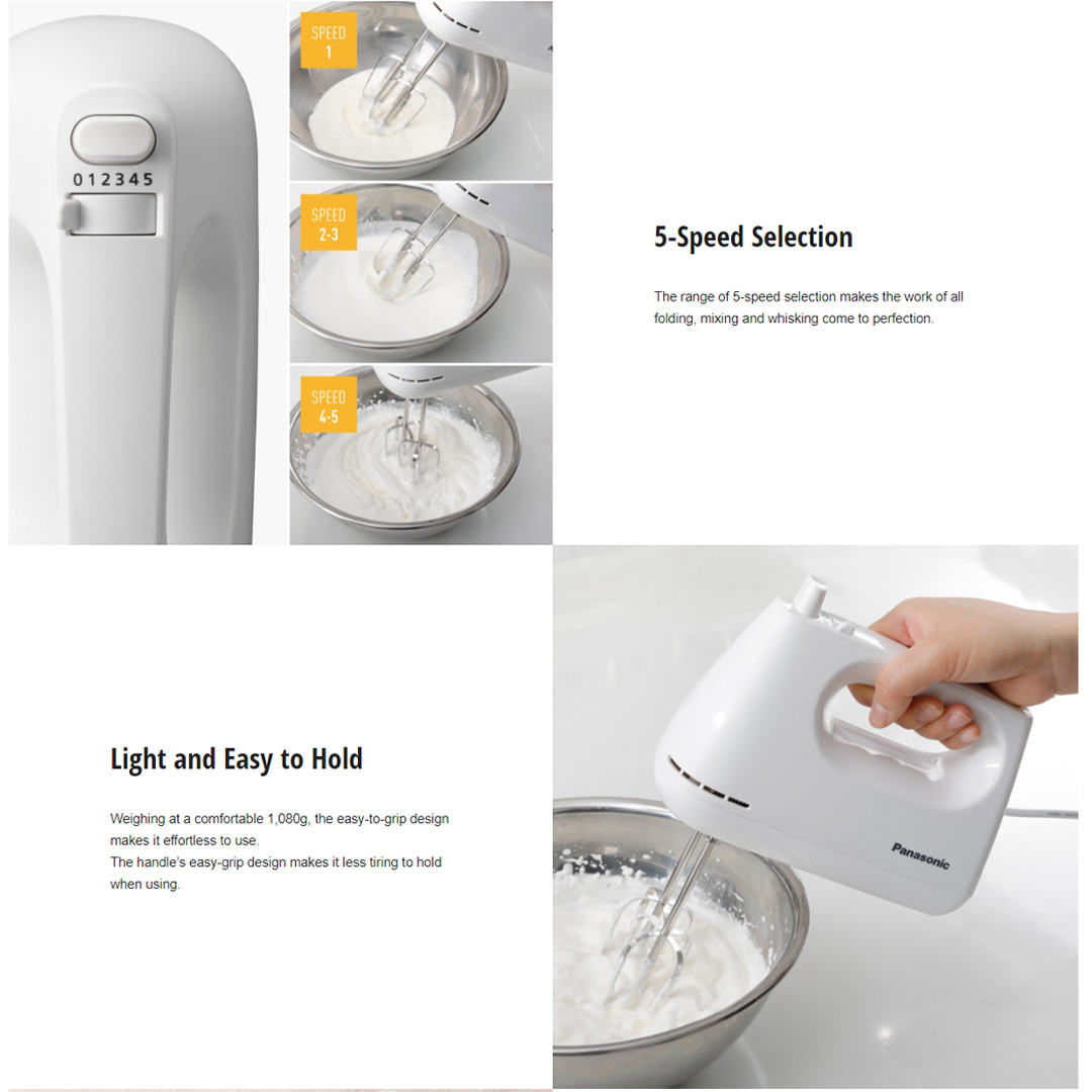 Panasonic 175W Hand Mixer MK-GH3WSK | 5-Speed Selection | 2 Functional Attachments | Light and Easy to Hold | Hand Mixer with 1 Year Warranty