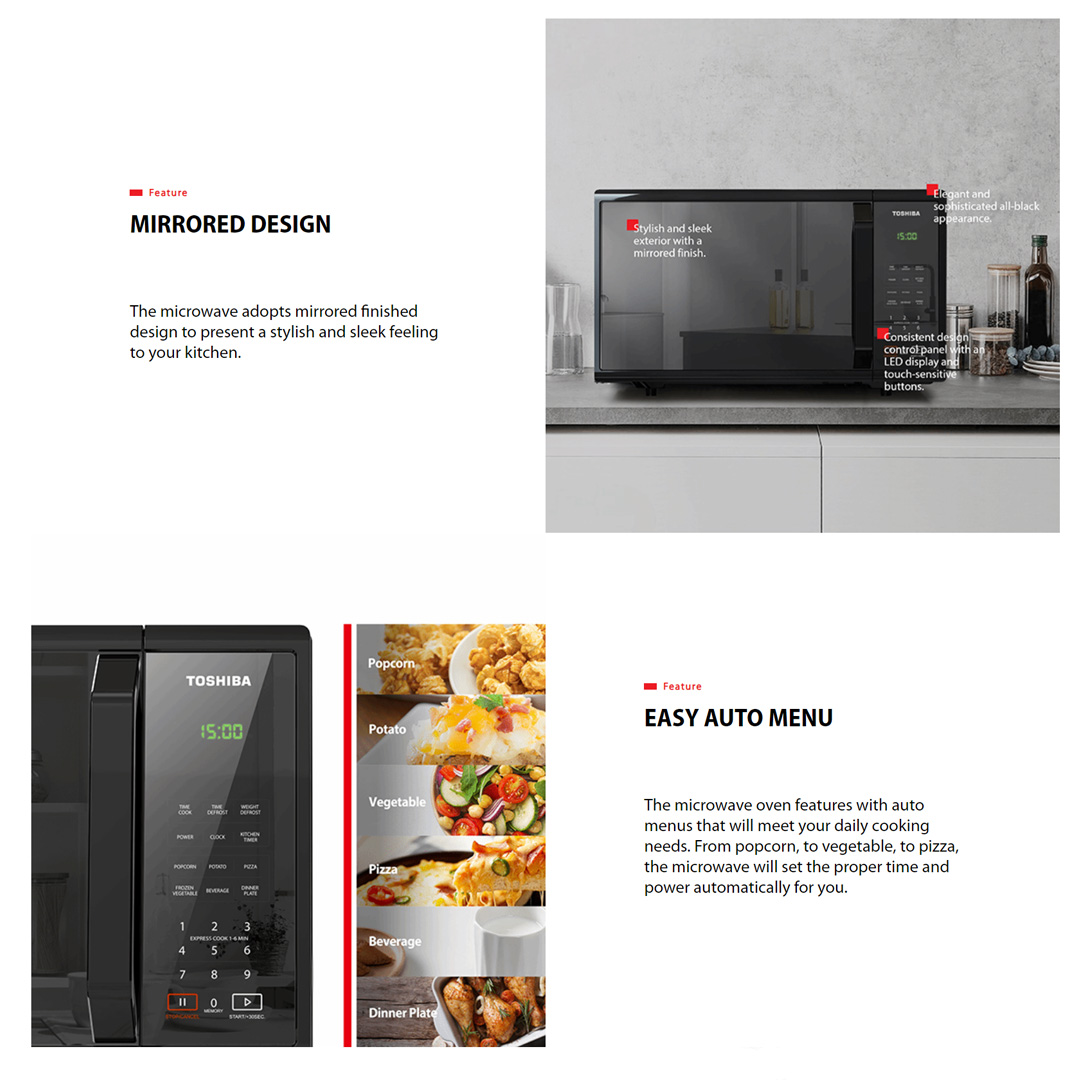 TOSHIBA 25L Microwave Oven Digital Panel MM-EM25PF(BM) | 6 Easy Auto Menu | One Touch Express Cooking | 11 Power Levels | Microwave Oven with 1 Year Warranty