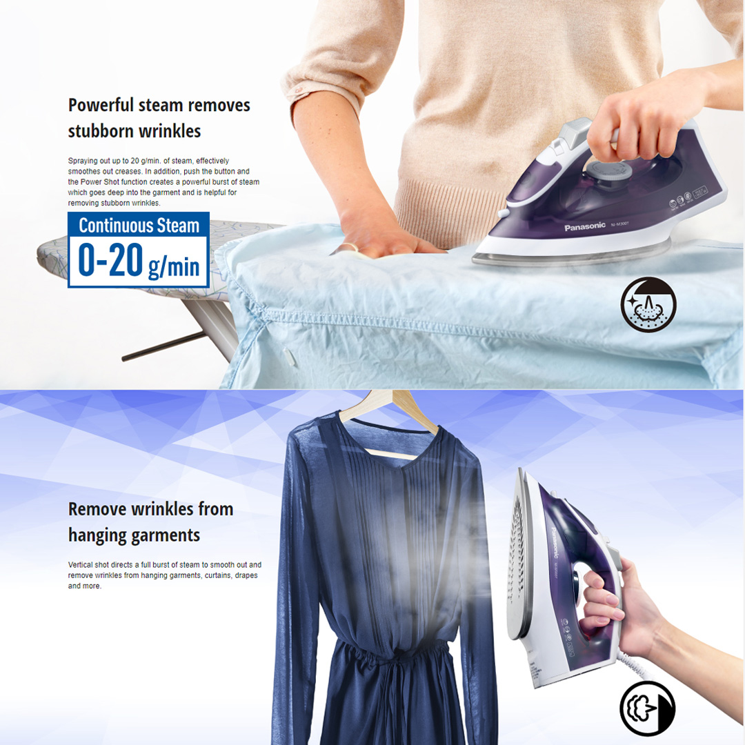 Panasonic 1800W M-Series Steam Iron NI-M300TVSK | Vertical Shot | Continuous Steam 0-20g/min | Anti-Calc System | Spray | Steam Iron with 1 Year Warranty
