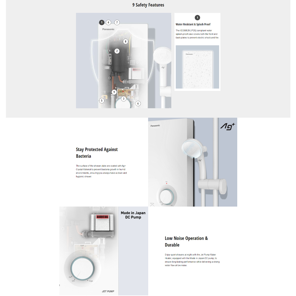 Panasonic 3600W Jet Pump V Series Home Shower (Water Heater) DH-3VP1MW | 9 Safety Features | Water Flow Sensor