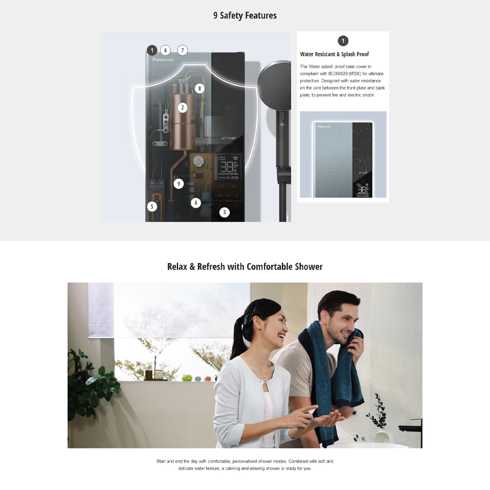 Panasonic 3600W Jet Pump U Series Home Shower (Water Heater) DH-3UDP1MZ | 9 Safety Features | 3 Way Shower Head | U-Memory