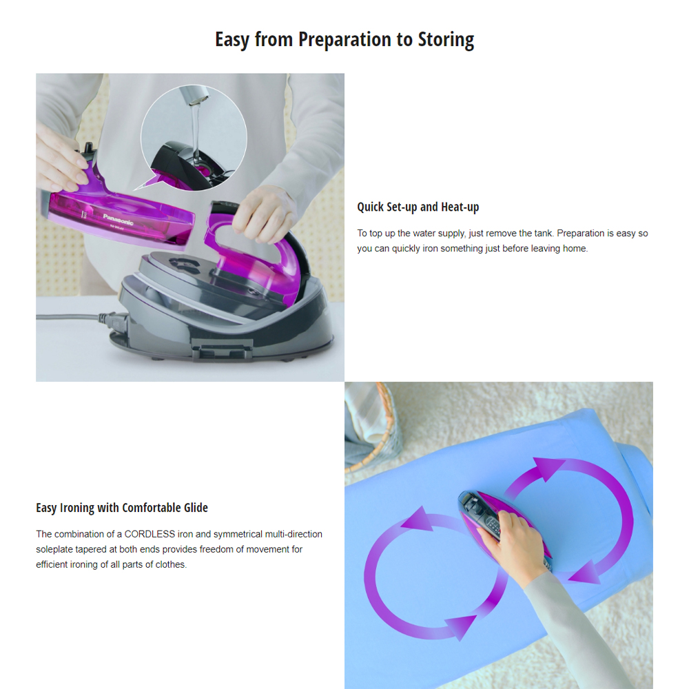 Panasonic 1550W Cordless Steam Iron with Multi-Direction Soleplate NI-WL41VSK | Detachable Water Tank | Vertical Steam Shot | Carrying Case