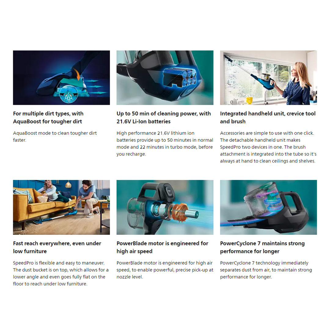 Philips 800W SpeedPro Aqua Cordless Stick Vacuum Cleaner FC6728/01 | 180° Suction Nozzle | Power Cyclone 7 | LED Nozzle | Aqua Boost | Up to 50 minutes Runtime | Vacuum Cleaner with 1 Year Warranty