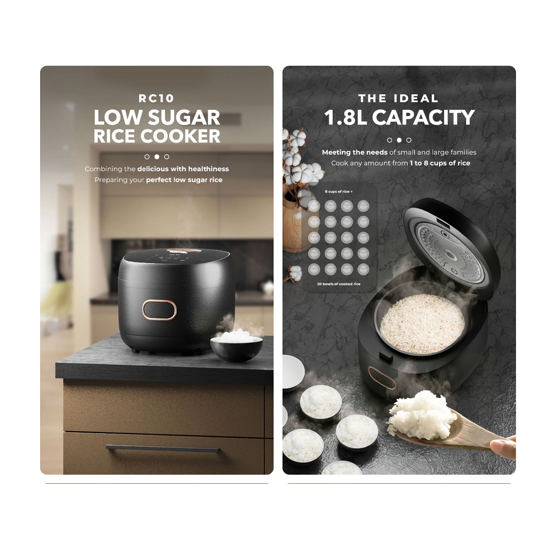 Russell Taylors 1.8L Digital Low Sugar Rice Cooker RC10 | 900W Power | 9 Preset Programs | Cutting Edge Features | Cooker with 2 Year Warranty