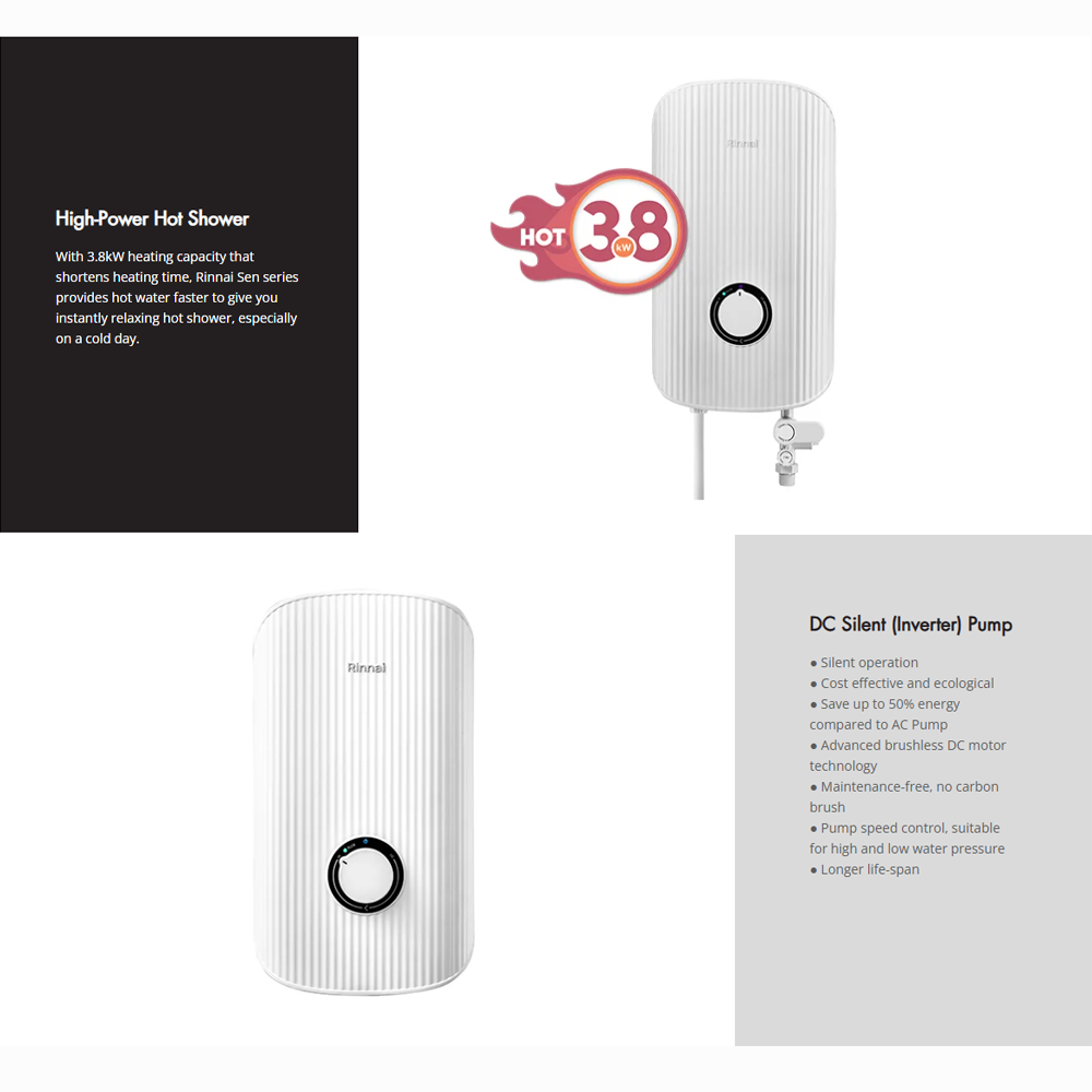 Rinnai 3800W DC Pump Sen Electric Water Heater REI-E380DP-B-WH/ REI-E380DP-BS-BK/ REI-E380DP-C-BG | 5 Multi-Spray, Anti-Twist Hose |1-Knob Control