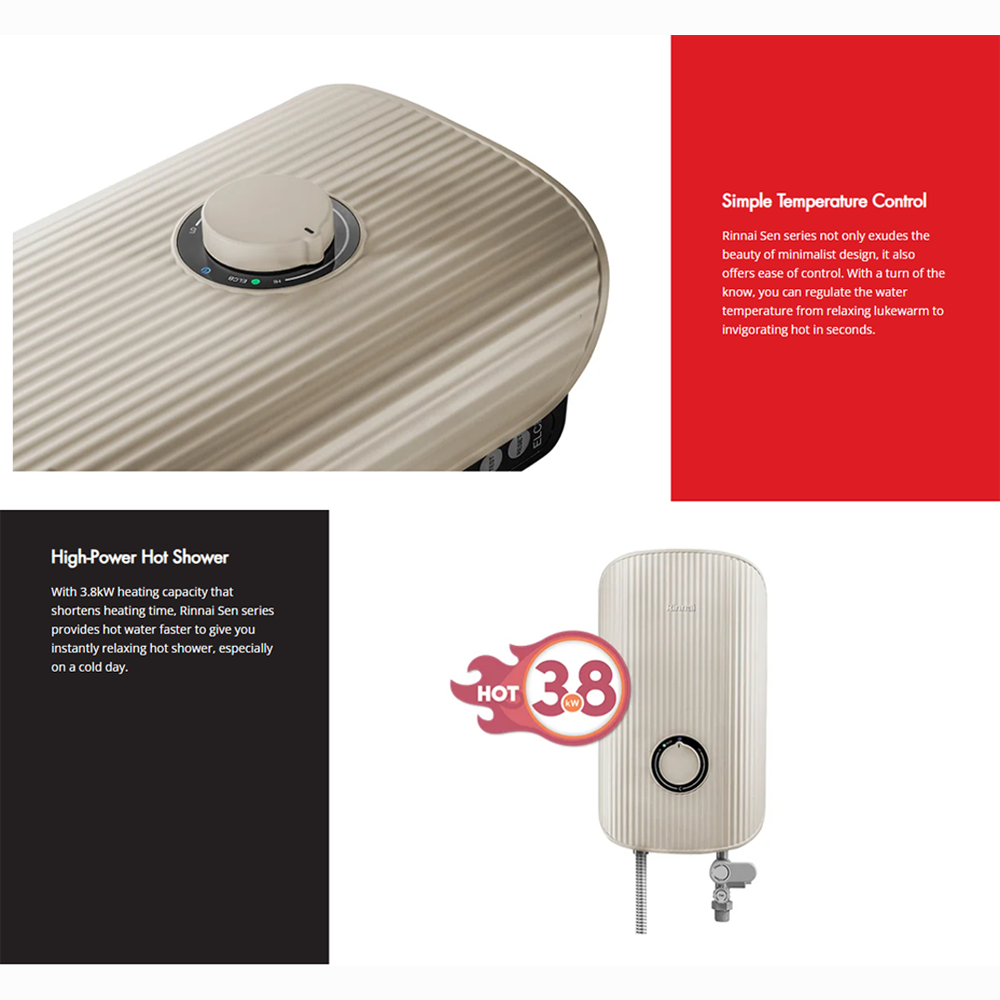 Rinnai 3800W Non Pump Sen Electric Water Heater REI-E380NP-B-WH/REI-E380NP-BS-BK/REI-E380NP-C-BG | 3 Multi-Spray | 1-Knob Control