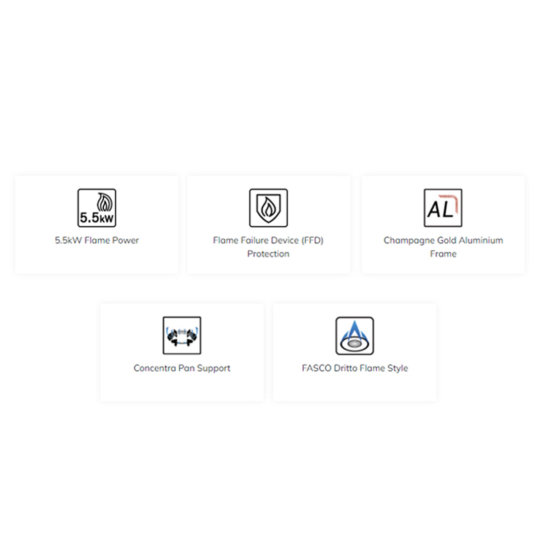 Rubine 2 Burners Built-in Glass Gas Hob RGH-FASCO2B  | 5.5kW Flame Power | FASCO Dritto Flame Style | Concentra Pan Support | Hood with 1.5 Year Warranty