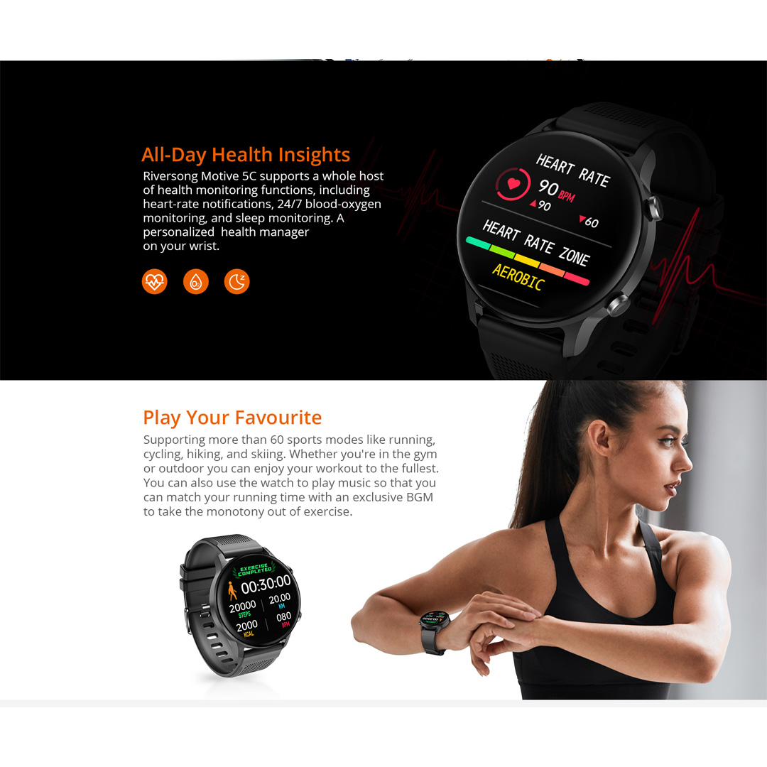 RIVERSONG Motive 5C Smartwatch | Bluetooth Calling | Health-System Management | 60 Sports Modes | AI Voice Assistant | Smart Watch with 1 Year Warranty