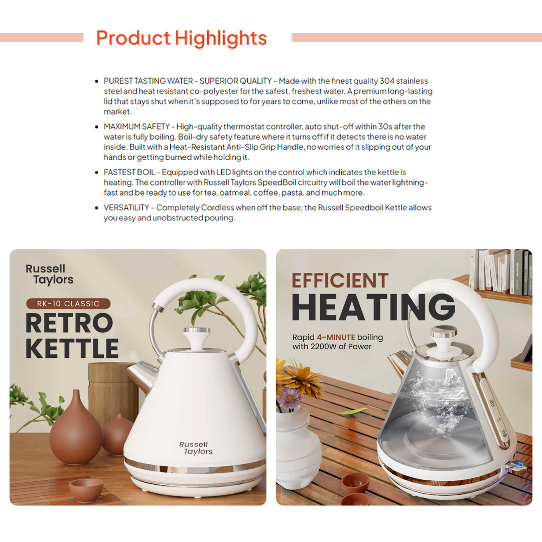 Russell Taylors 1.7L SpeedBoil Retro Kettle RK-10 | Concealed Stainless Steel Heating Element | Boil Dry | Overheat Protection | Kettle with 2 Year Warranty
