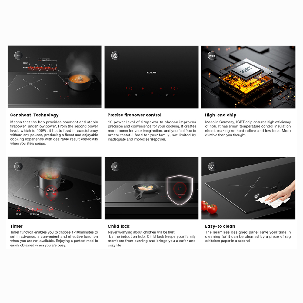 ROBAM 2 Burners Built-in Induction Hob Black SRB-W2984 | High end chip | Consheat Technology