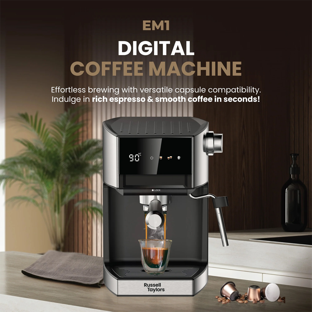 Russell Taylors 1350W 20 Bar Espresso Coffee Machine Digital Coffee Maker EM1 | Home Barista Milk Wand | 1L Detachable Water Tank