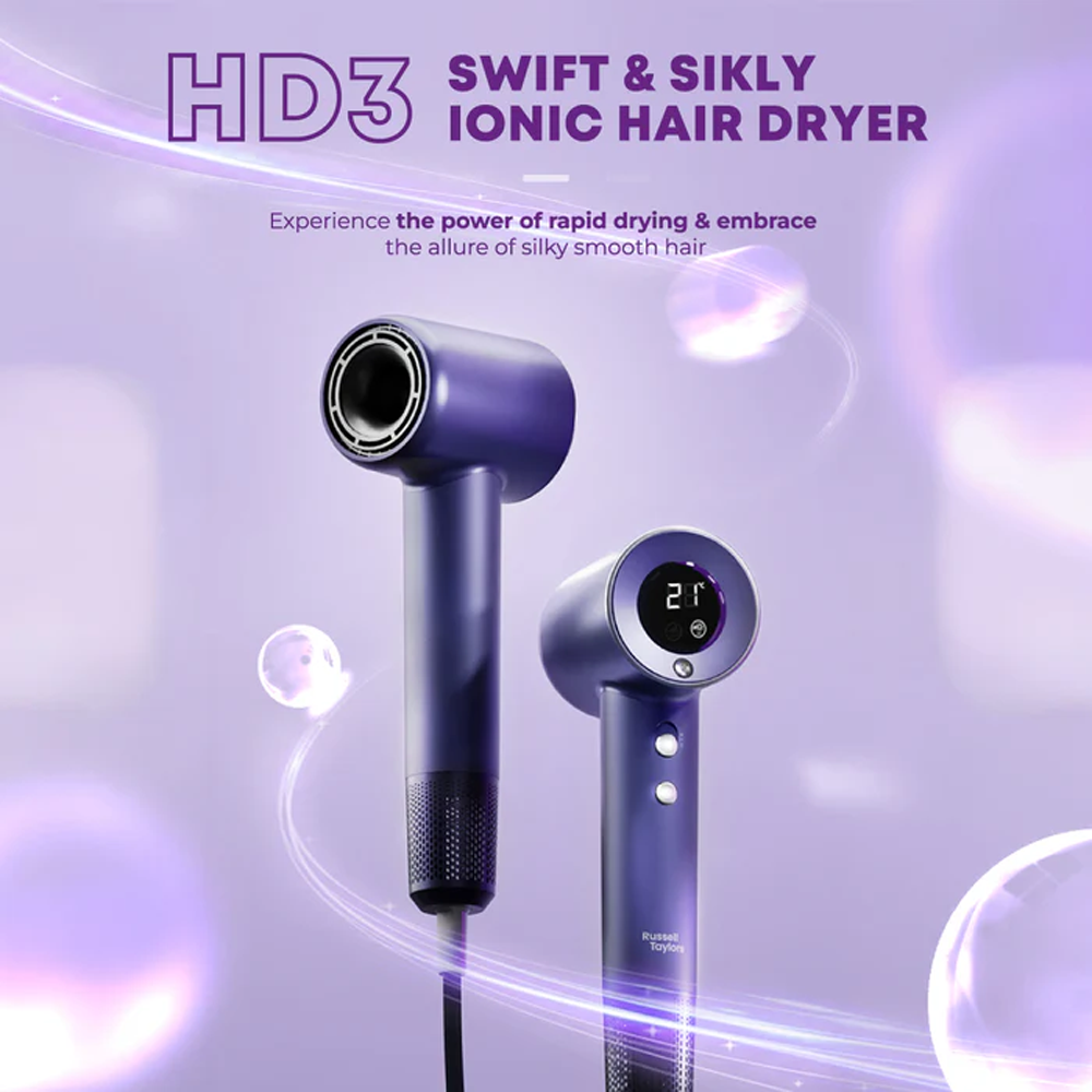 Russell Taylors 1800W High Speed Hair Dryer HD3 | 105,000 RPM | Dual Magnetic Attachment | 4 Temperature Settings | Wind Speed: 16.8m/s