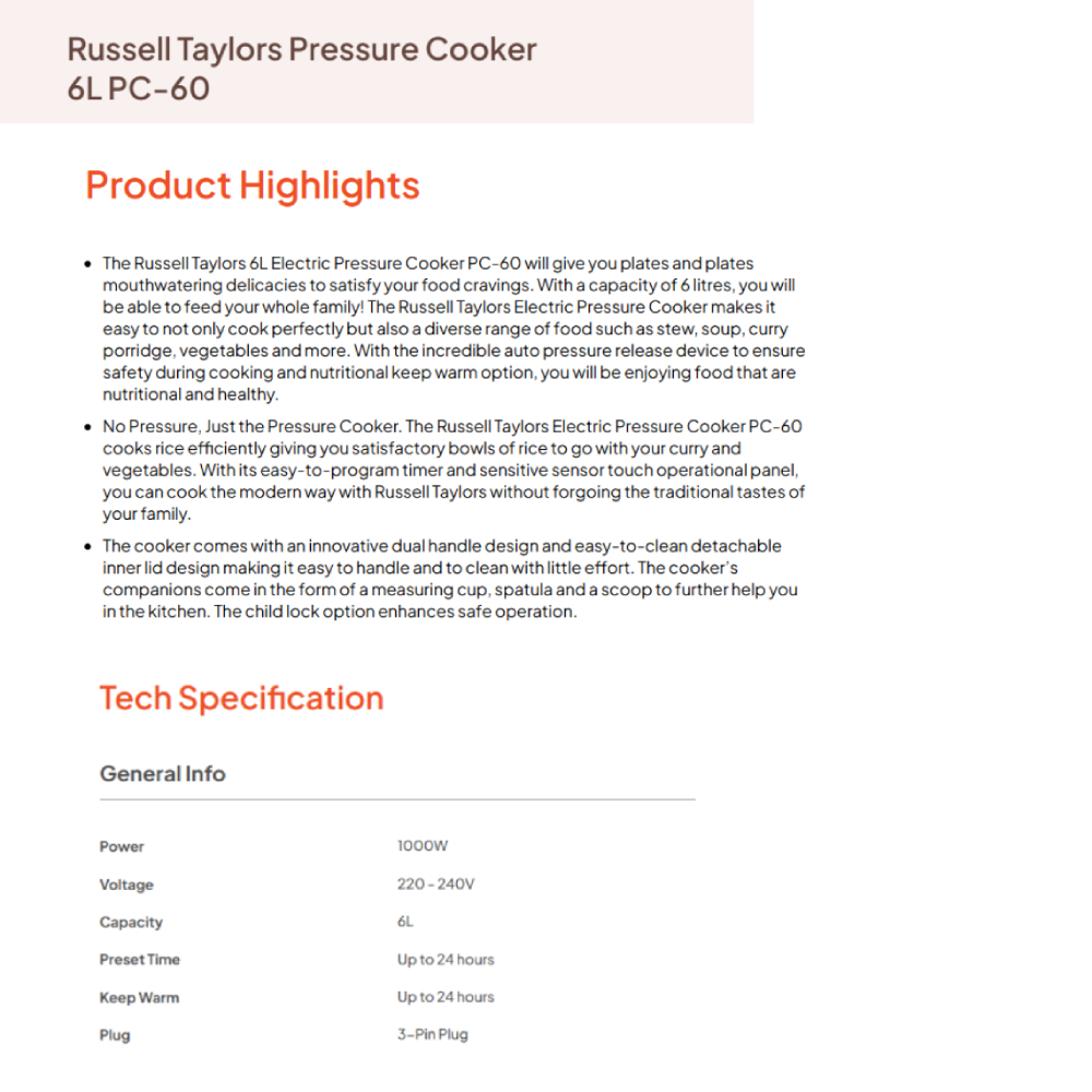 Russell Taylors 6L/12L Pressure Cooker PC-60/ PC-12 | Express Cooking | Multi-Cooking Function | LED Display | Cooker with 2 Year Warranty