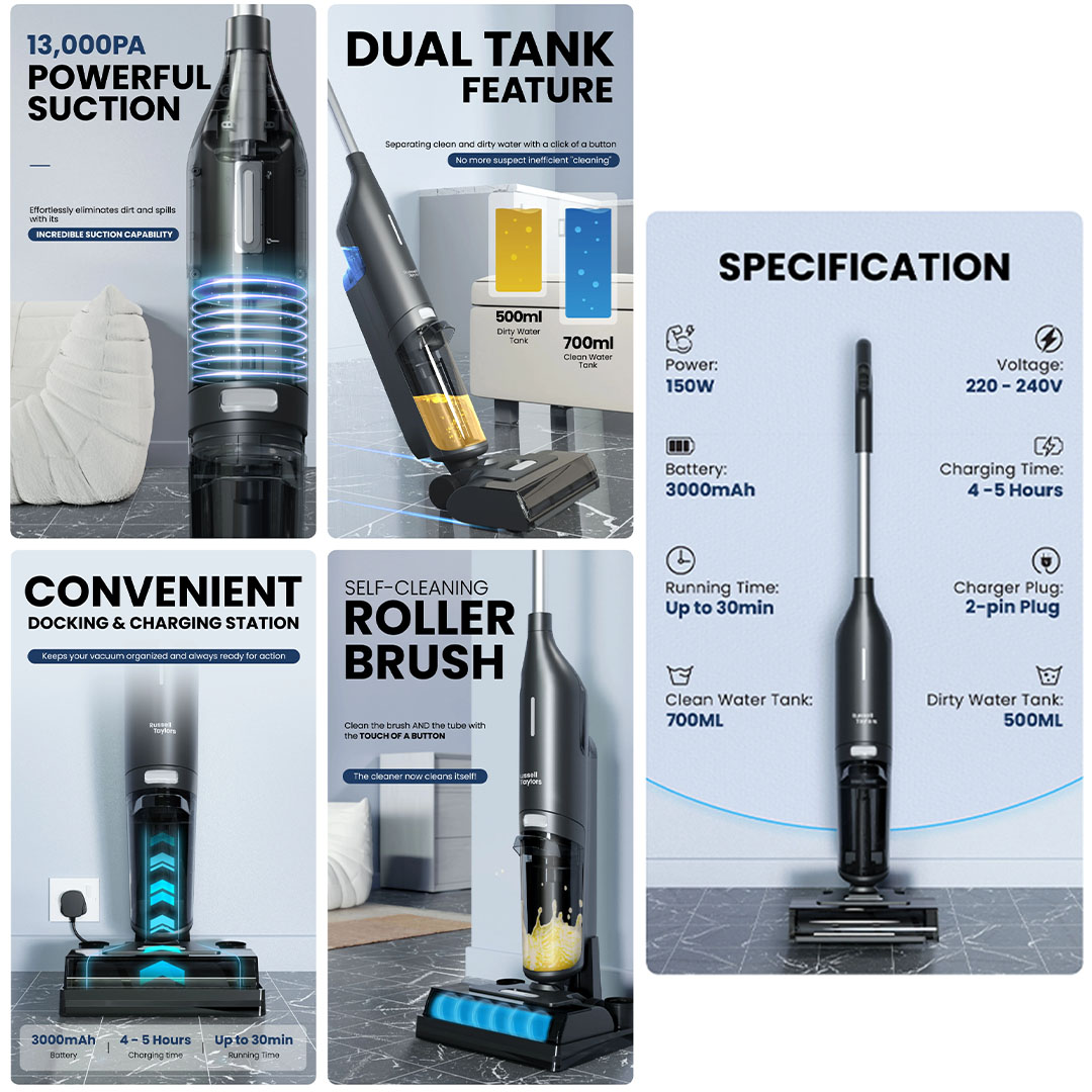 Russell Taylors 150W Wet & Dry Cordless Vacuum Cleaner Floor Washer V10i | 3000mAh | Convenient Docking & Charging Station | Self-Cleaning Roller Brush | Vacuum Cleaner with 2 Years Warranty