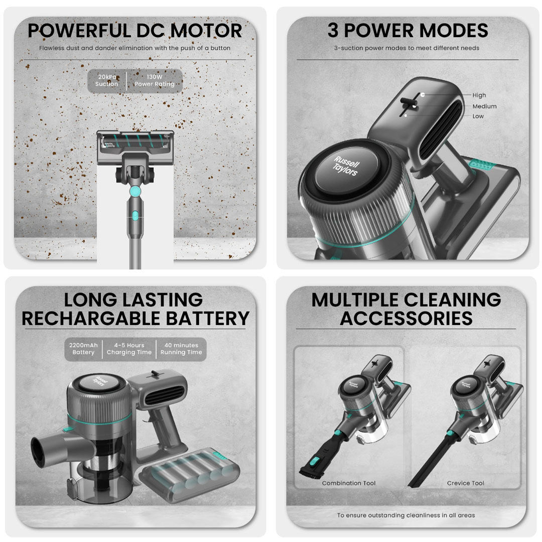 Russell Taylors 130W Cyclone Cordless Vacuum Cleaner V7 | Rechargable  Battery | 3 Power Mode | Powerful DC Motor | Vacuum Cleaner with 2 Year Warranty