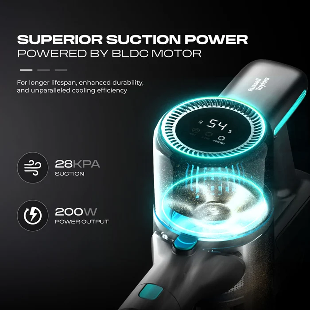 Russell Taylors 200W Ultra Vision Cordless BLDC Motor Vacuum Cleaner V2X | Suction Power: 28,000Pa | Long-Lasting 2200mAh Battery