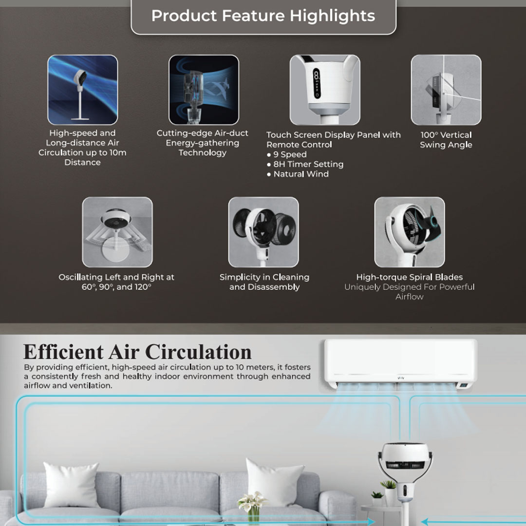 Rubine 10" 4-in-1 Adjustable Air Circulation Fan ROF-ROTERA-MW | 100° Vertical Swing Angle | High-torque Spiral Blades | High-speed and Long-distance Air Circulation up to 10m Distance | Fan with 1 Year Warranty