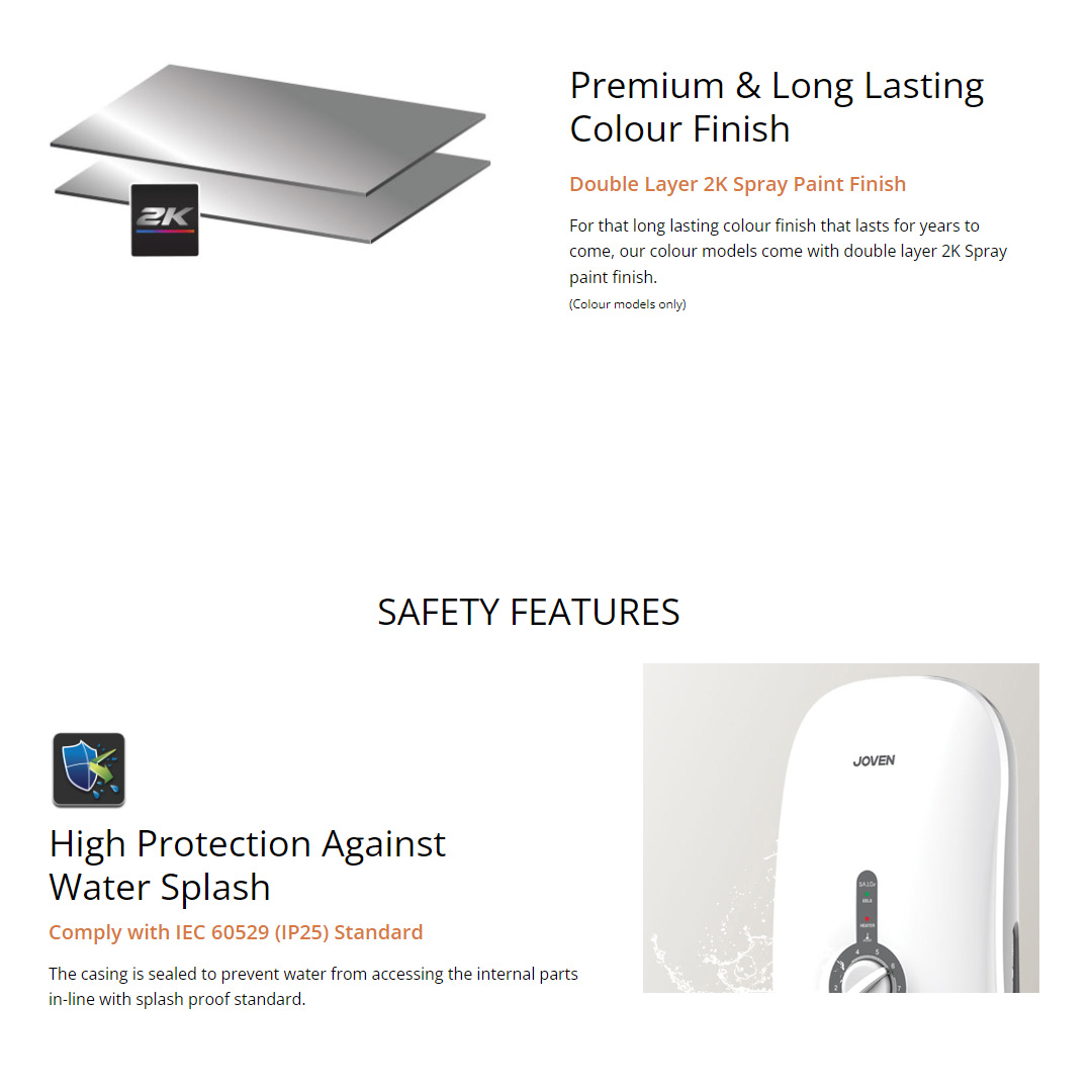 JOVEN 3600W Non-pump Water Heater SA10e | Adjustable Temperature | High Protection Against Water Splash | SFS Technology | Water Heater with 1 Year Warranty