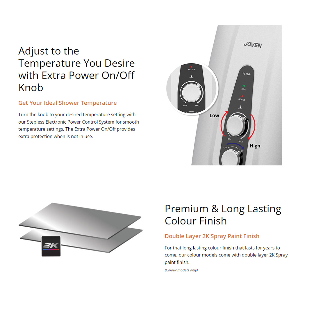 JOVEN 3600W DC Inverter Silent Pump Water Heater SB11iP | 5 Spray Showerhead | SFS Technology | Durable Copper Heating Element | Water Heater with 1 Year Warranty