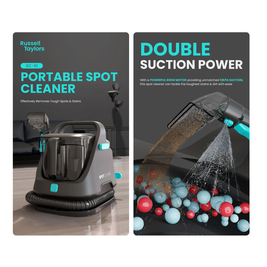 Russell Taylors 650W Portable Spot Cleaner Vacuum SC10 | Double Suction Power | Dual Tank Technology | Effectively Removes Tough Spots & Stains | Vacuum with 2 Year Warranty