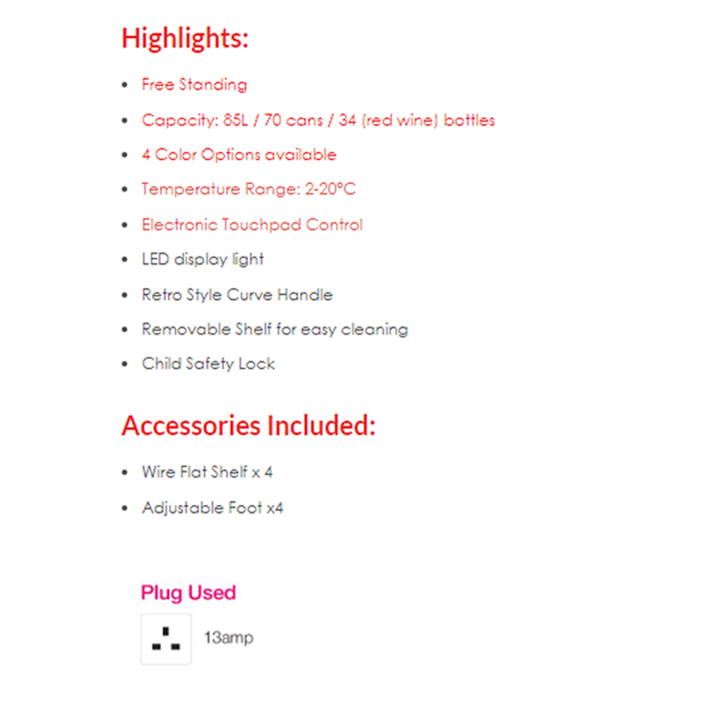 SENZ 85L Retro Multi-Functional Cooler SZ-BC1008-B/BLK/C/P | Free Standing | Retro Style | Child Safety Lock