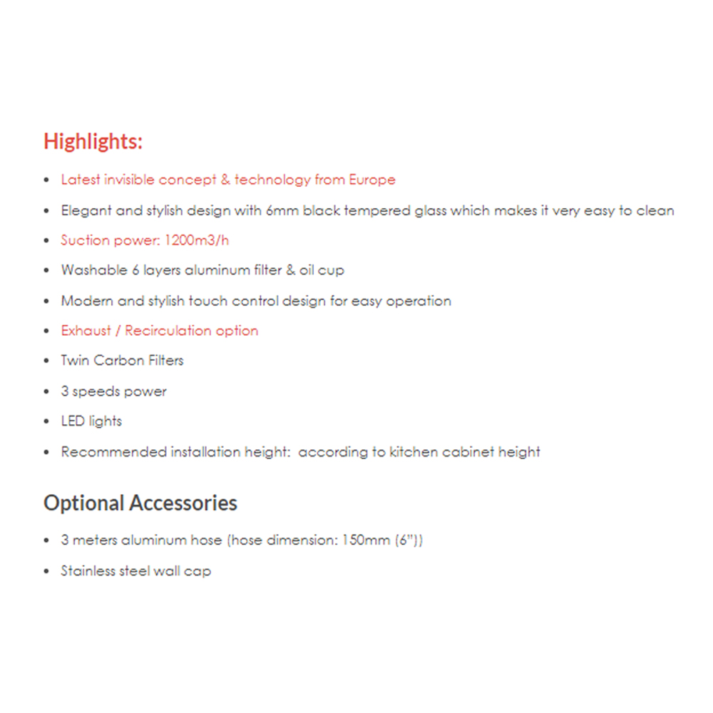 SENZ 1200m3/h Invisible Cooker Hood SZ-CH1288RC | 3 speeds power | Twin Carbon Filters | LED lights