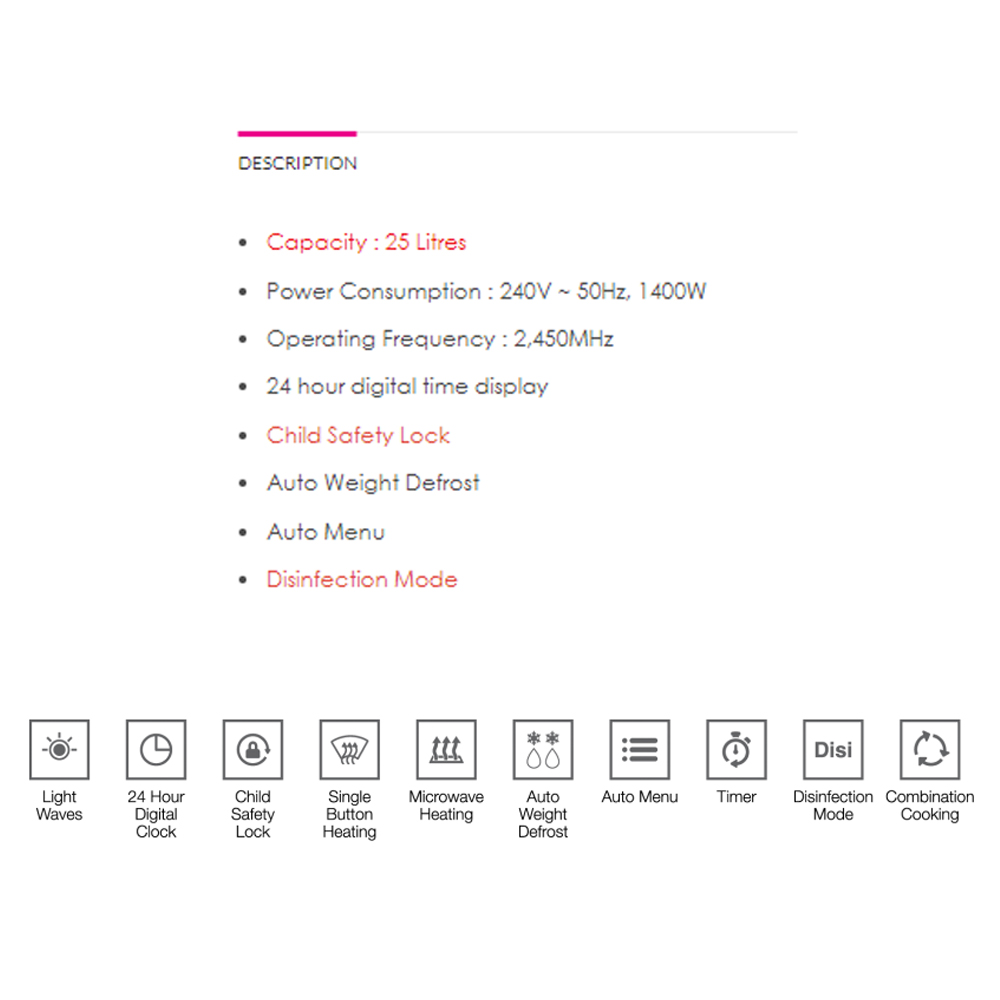 SENZ 25L Fully Digital Build-in Microwave Oven | SZ-MW2510 | 24 hour digital time display | Child Safety Lock | Disinfection Mode | Combination Cooking