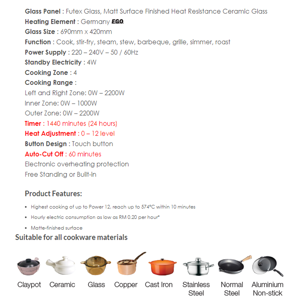 SENZ 2 Burners Double Ceramic MultiCooker - Futex Glaz | SZ-RC220FT | Matte-finished surface | Electronic overheating protection | Auto-Cut Off