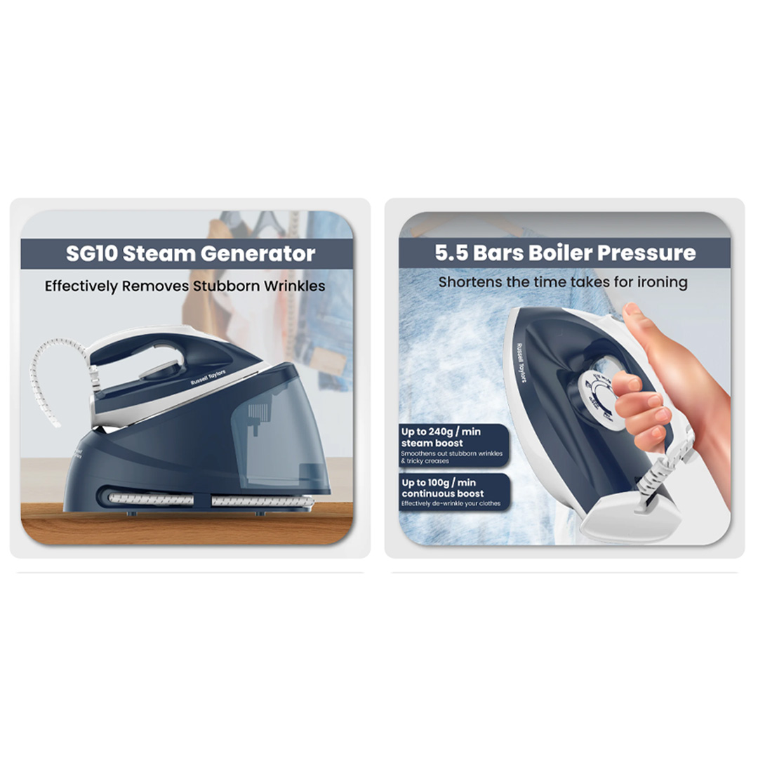 Russell Taylors 2400W Steam Generator Steam Iron Blue SG-10 | Effectively Removes Stubborn Wrinkles | 1.5L Water Tank | 2min Heat Up | Iron with 2 Year Warranty