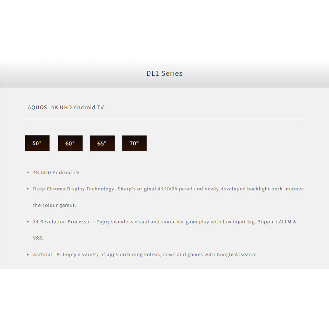 SHARP 50"/60"/65"/70" AQUOS 4K UHD Android TV | YouTube | Netflix | HDMI | USB | Auto Volume | App Store | Google Assistant | Sleep Timer | Bluetooth | Android TV with 2 Year Warranty