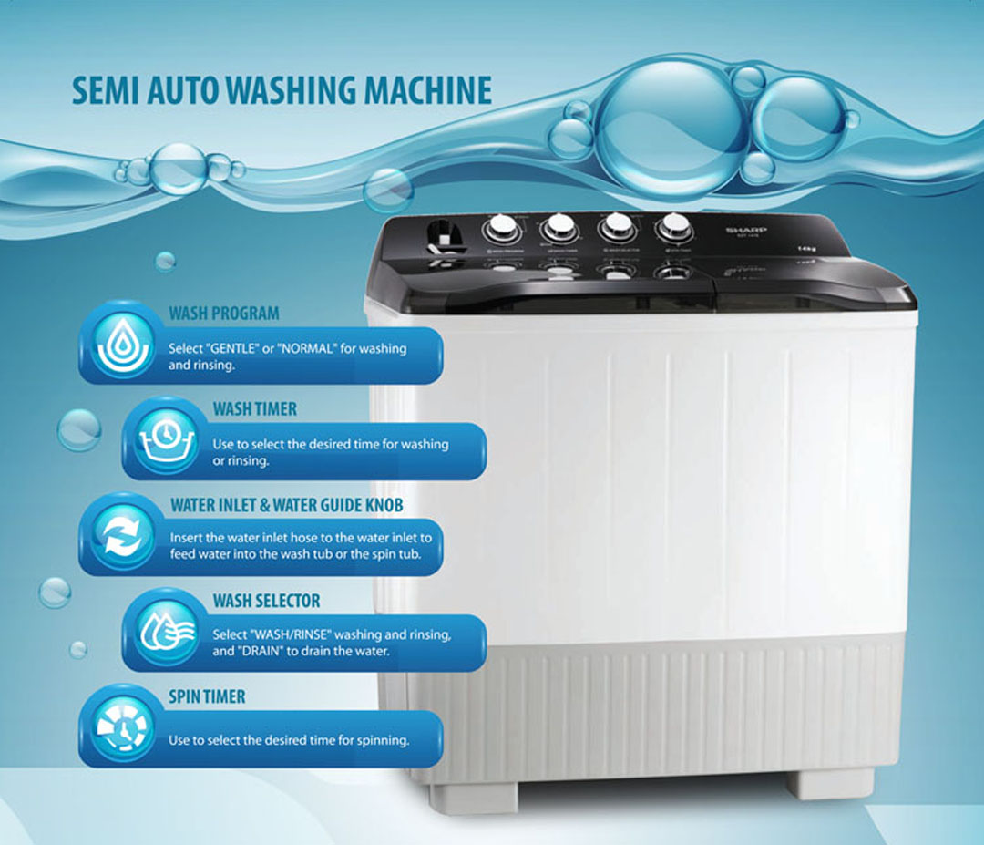 Sharp 11KG Semi Auto Washing Machine ESTP1116 | 3-courses Washing Programmes | Wash Timer | Spin Timer | Washing Machine with 1 Year Warranty