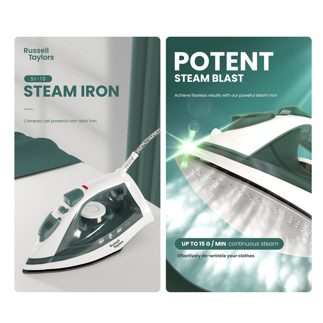 Russell Taylors 1750W Steam Iron with Non-Stick Soleplate SI-10 | 5 Steam Settings | 275ML Water Tank | 15sec Heat Up | Iron with 2 Year Warranty
