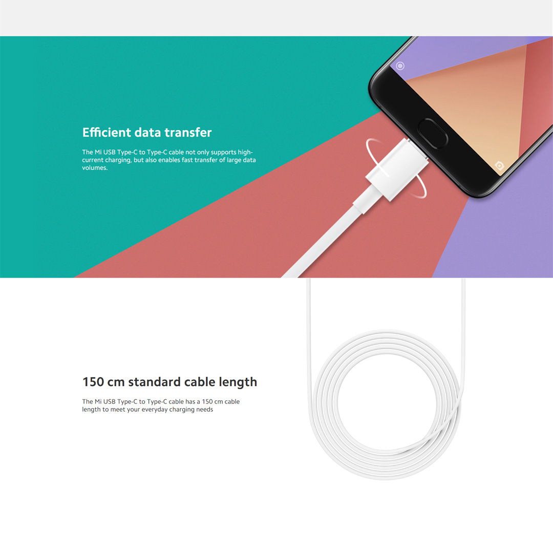Xiaomi 1.5m USB Type-C to Type-C Cable SJX12ZM | Efficient Data Transfer | Support a Wide Range of Devices | Cable with 1 Year Warranty