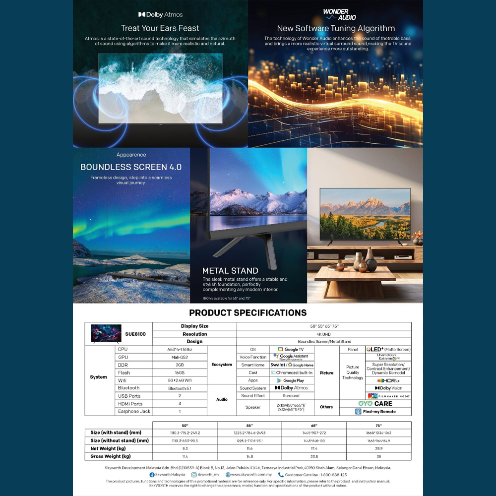 SKYWORTH 50" 4K UHD Google QLED TV 50SUE8100 | Google TV system | Bluetooth 5.1 | Dolby Atmos