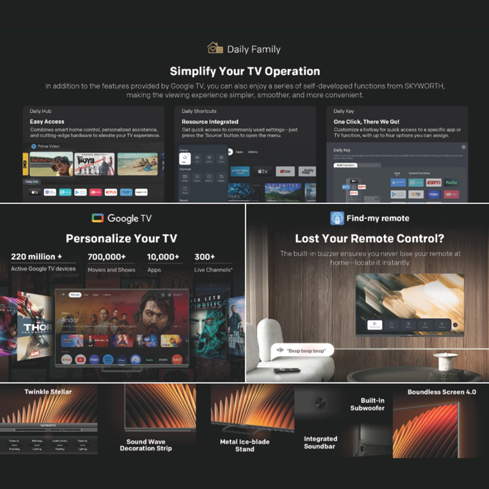SKYWORTH 55"/65"/75" QD-Mini LED Eye Care Series Google TV SUE9800 | 144Hz and MEMC | Dual chip 16 Crystal Mini LED