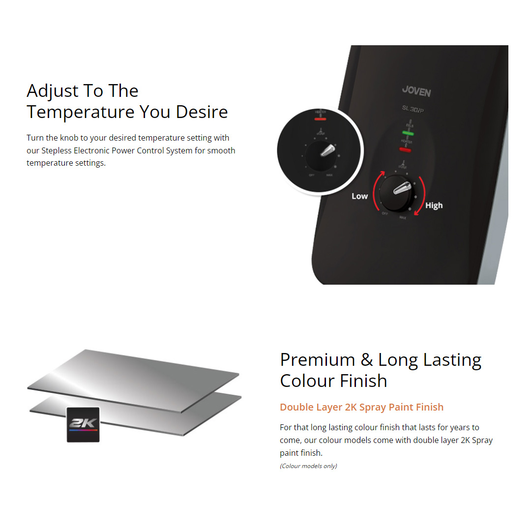 JOVEN 3600W DC Inverter Silent Pump Water Heater SL30iP | 5 Spray Showerhead | SFS Technology | Durable Copper Heating Element | Water Heater with 1 Year Warranty