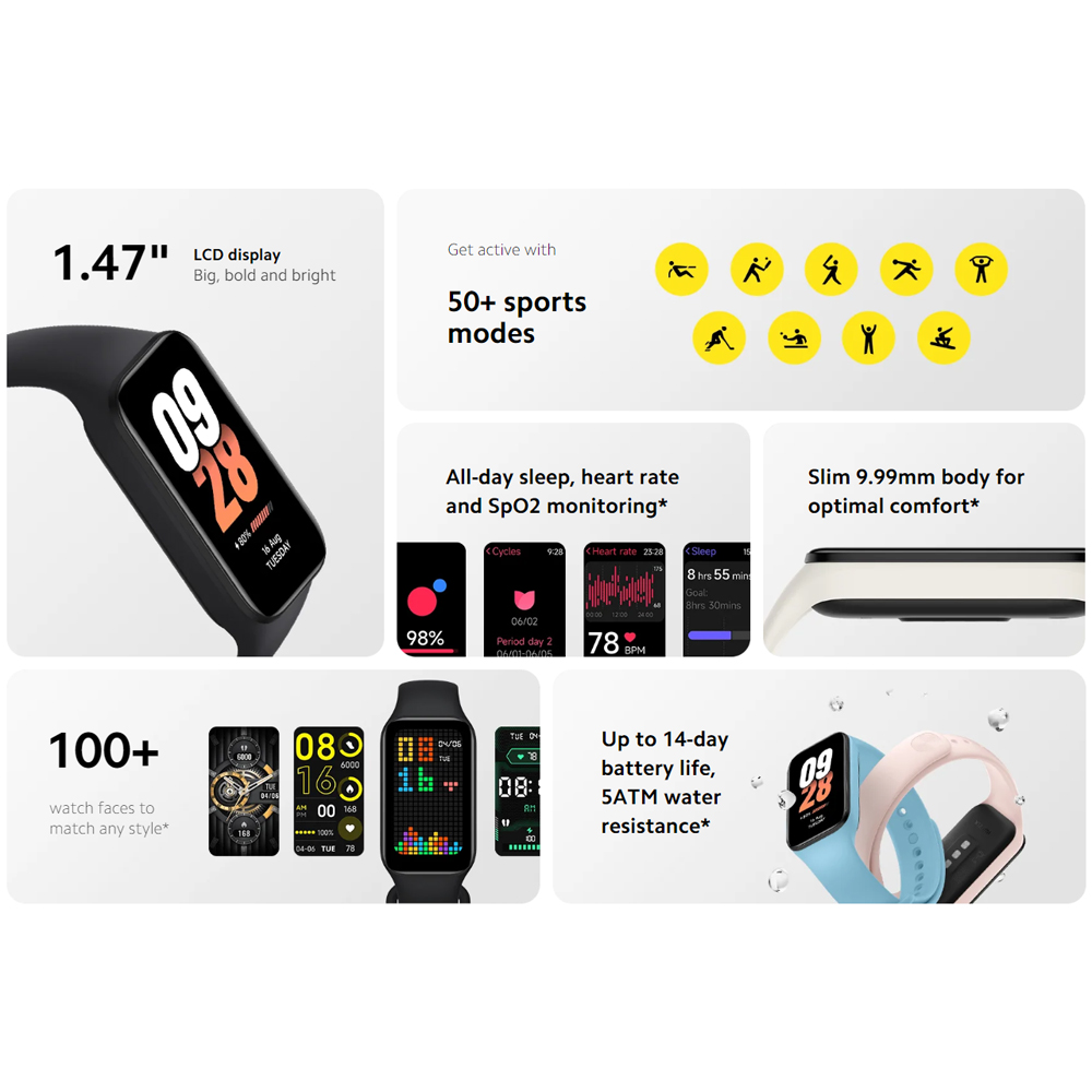 Xiaomi Smart Band 8 Active | 50+ sports modes | All-day sleep, heart rate and SpO2 monitoring | 100+ Watch Faces To Match Any Style | 1  Year General Warranty