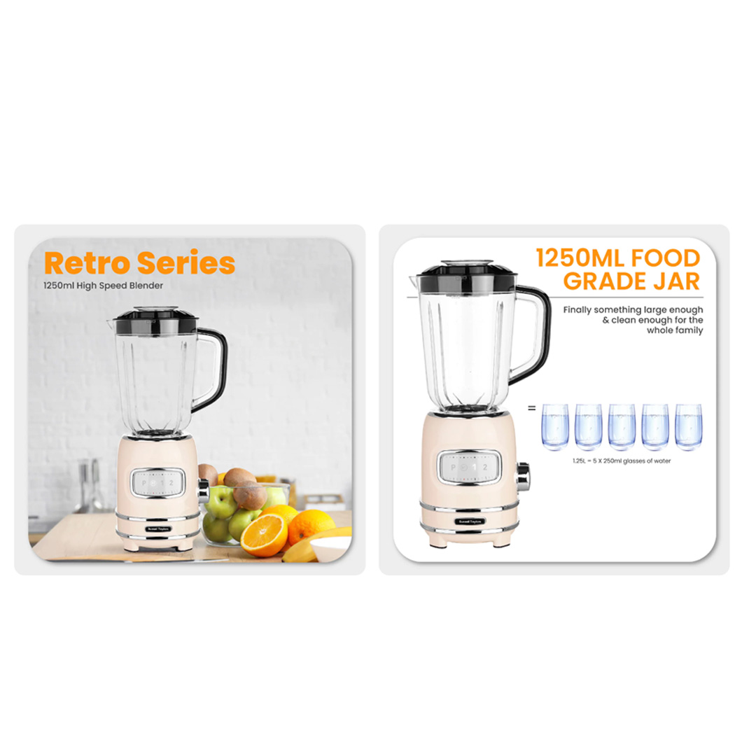 Russell Taylors 1.25L High-Speed Retro Blender TB1 | 300W Power | 2 Speeds + Pulse Function | Safety Locking | Blender with 2 Year Warranty