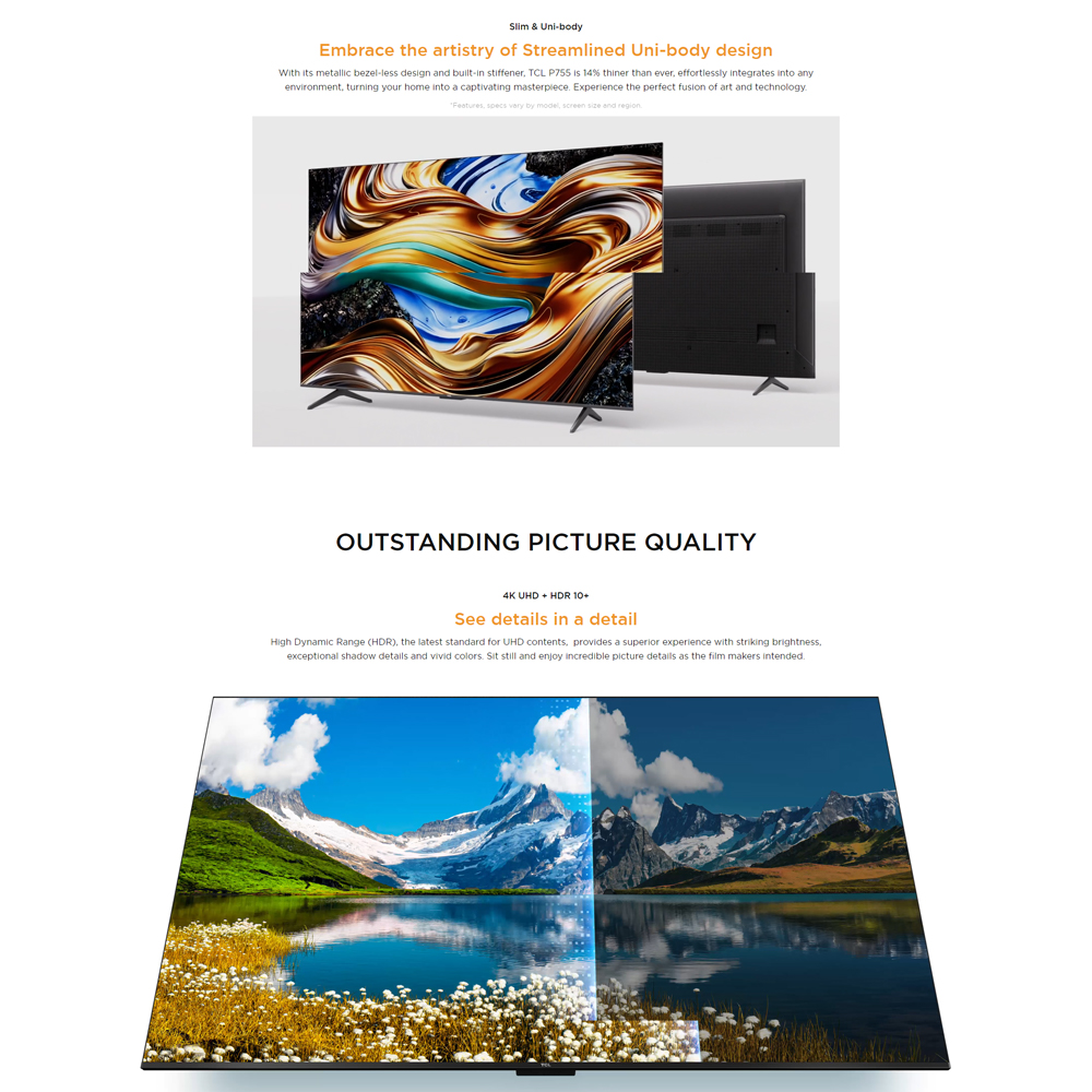TCL 43" 50" 55" 65" 75" P755 4K UHD Google TV | Slim & Uni-body | AiPQ Processor | | T-SCREEN | 120Hz Game Accelerator