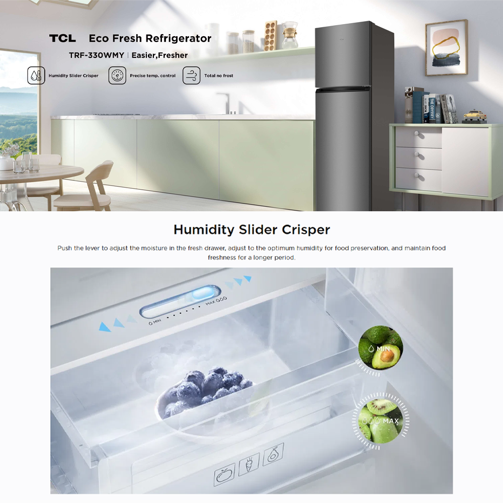 TCL 330L 2 Door Top Mounted Eco Fresh Refrigerator TRF-330WMY | Adjustable shelves | 5 star MY energy class | Humidity slider crisper