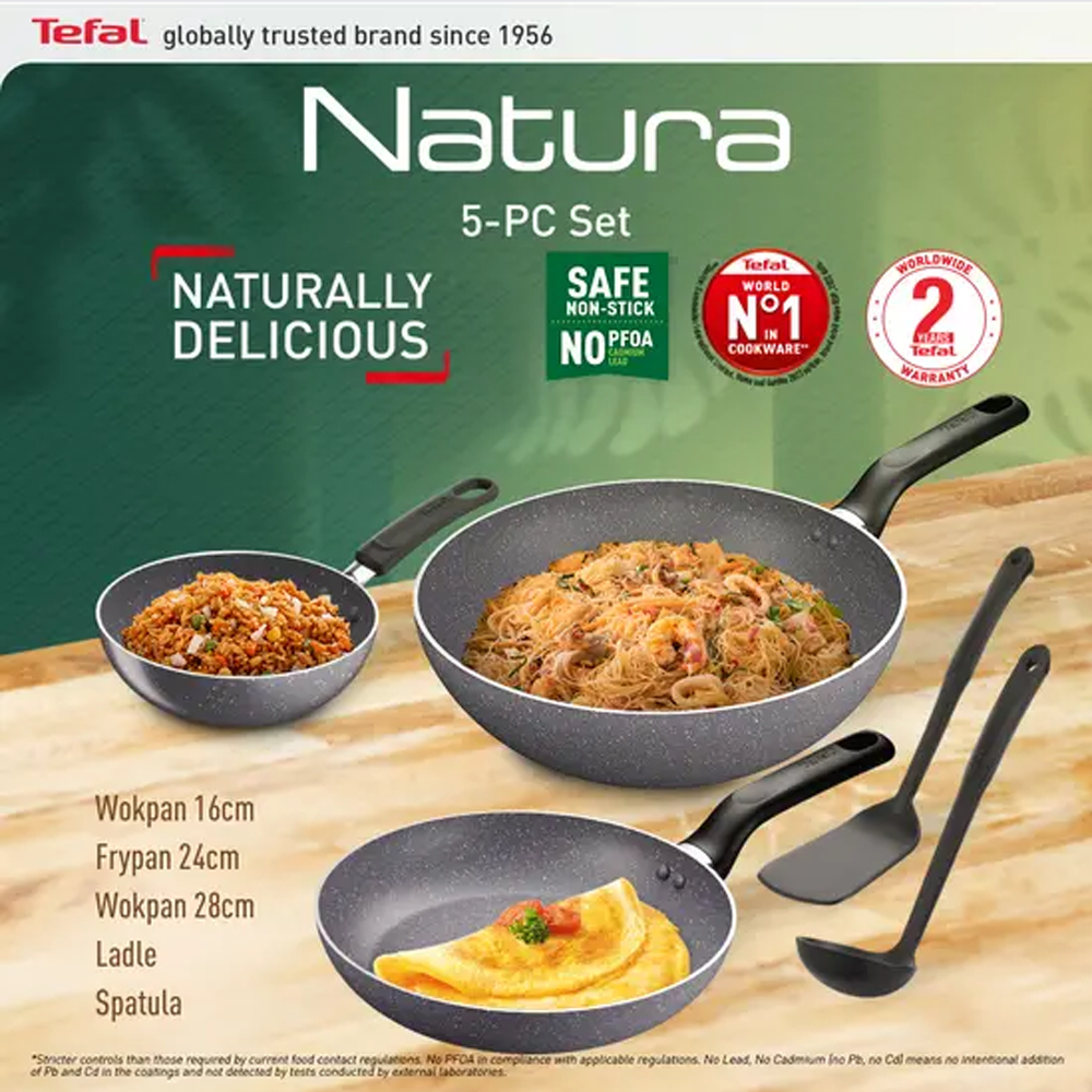 Tefal Natura 5-Piece Cookware Set B226S595 | Perfect Searing Thermo-Signal | Naturally Resistant Mineralia Coating | Safe Non-Stick