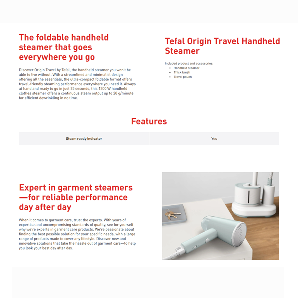 Tefal 1200W Origin Travel Handheld Foldable Garment Steamer DT1034 | 35 seconds to complete heating | Steam output up to 20 g/minute