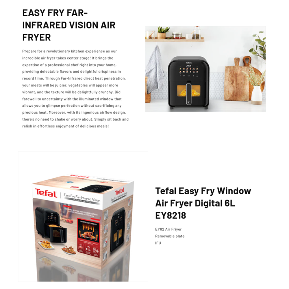 Tefal 6L Easy Fry Far-Infrared Vision Digital Air Fryer EY821865 | Far-Infrared Technology | Digital Control Panel | With Viewing Window
