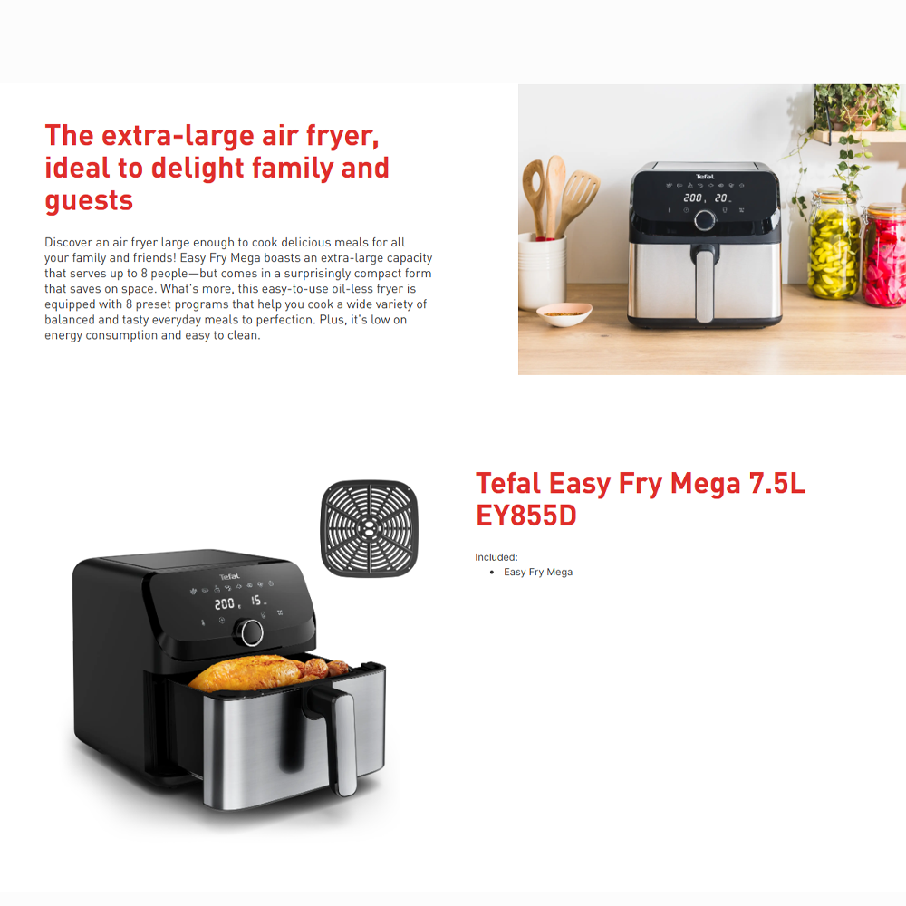 Tefal 7.5L Easy Fry Mega Air Fryer EY855D | 8 preset programs | Up to 65% less energy | Extra-large capacity | PTFE removable pan
