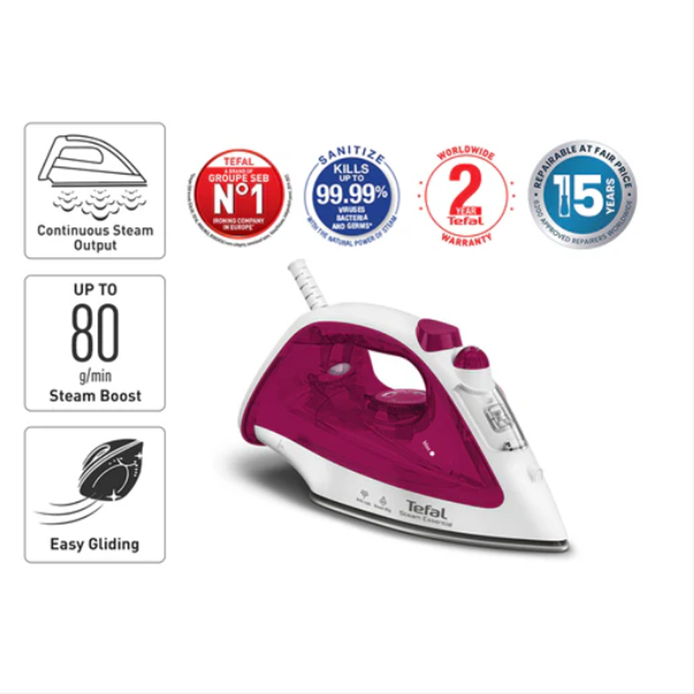 Tefal 1200W Essential Steam Iron FV1053M0 |  Continuous Steam Output : 15 Gram/Min | Steam boost : 80 Gram/Min | Vertical Steam : Yes | Spray : Yes