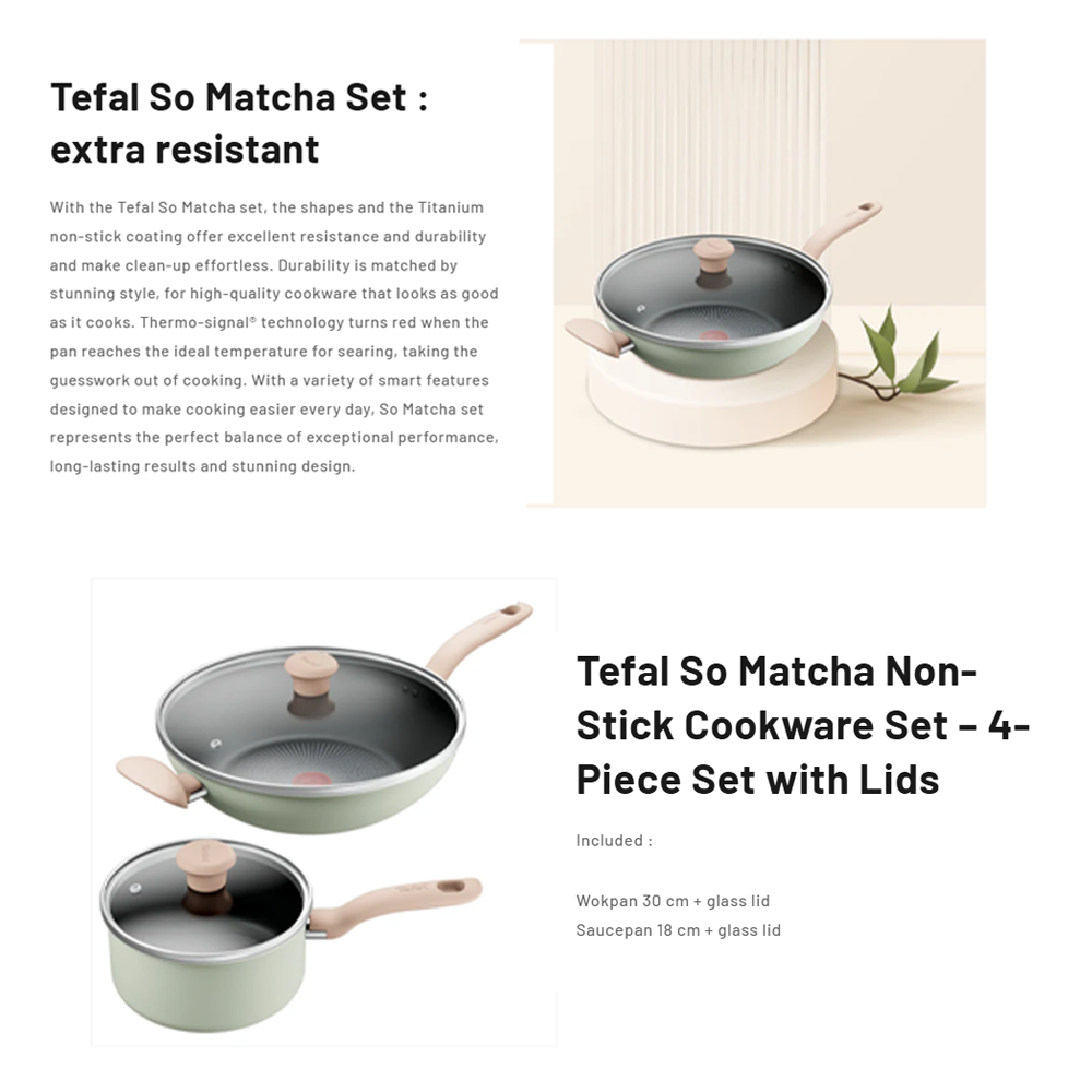 Tefal So Matcha Non-Stick Cookware Set 4-Piece Set with Lids G179S495 G179S4 | Perfect Searing Thermo-Signal | Titanium NonStick