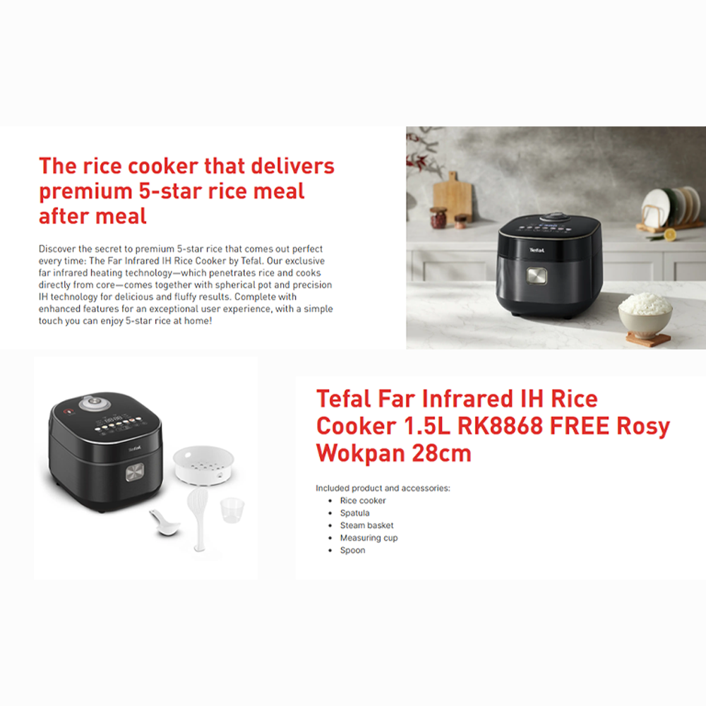 Tefal 1.5L Far Infrared IH Rice Cooker RK8868 | 12-hour Keep Warm feature | Touch control panel | 13 versatile cooking programs