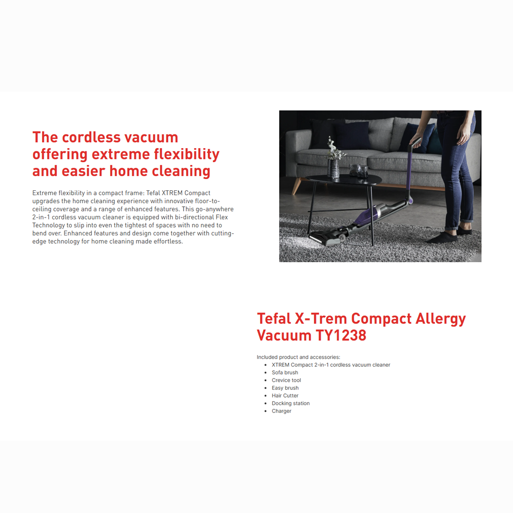 Tefal 145W XTREM Compact 2-in-1 Cordless Vacuum Cleaner Stick TY1238 | Bi-directional Flex Technology | 0.4 L (max)